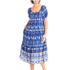 Knox Rose Blue White Pullover Midi Dress Boho Pockets Size XL
